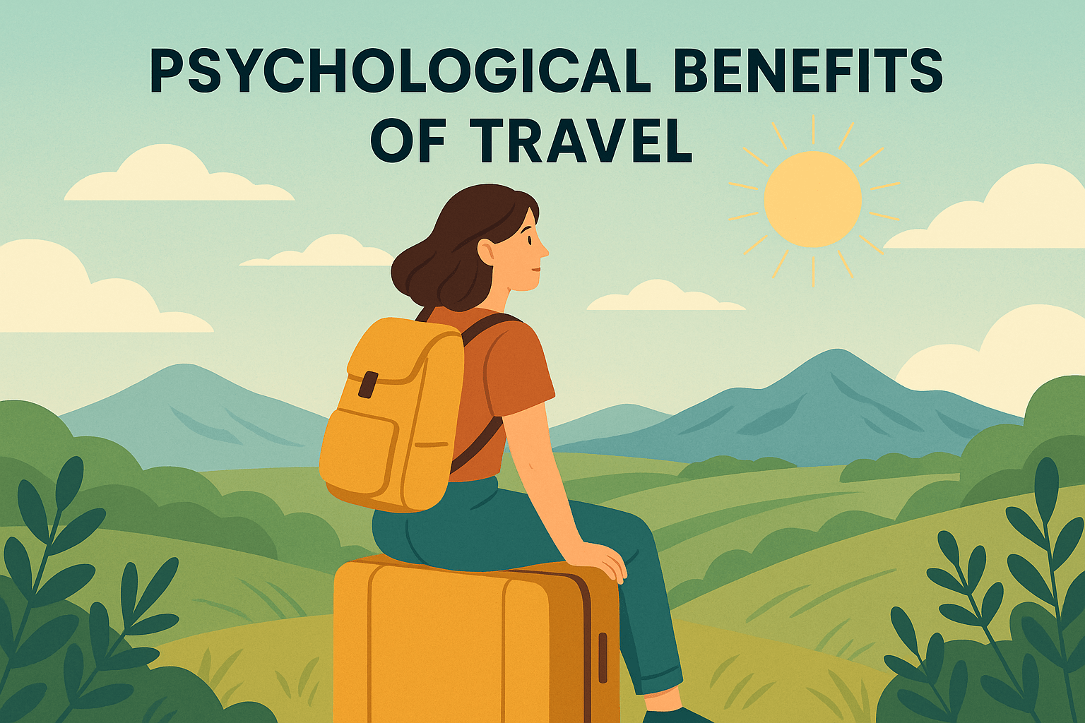 Colorful travel collage illustrating the psychological benefits of travel
