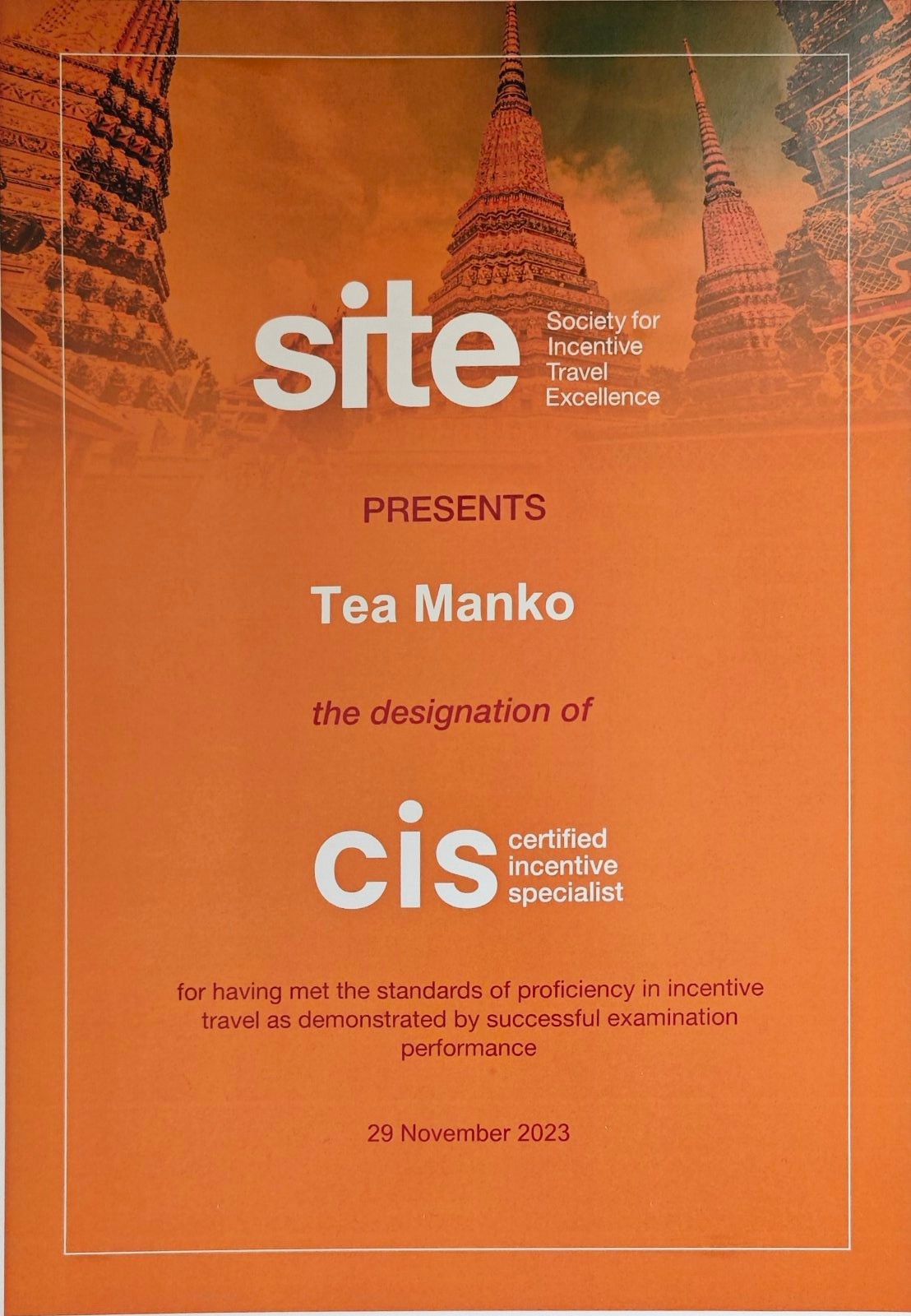 Certified Incentive Specialist certificate awarded to Tea Manko by SITE