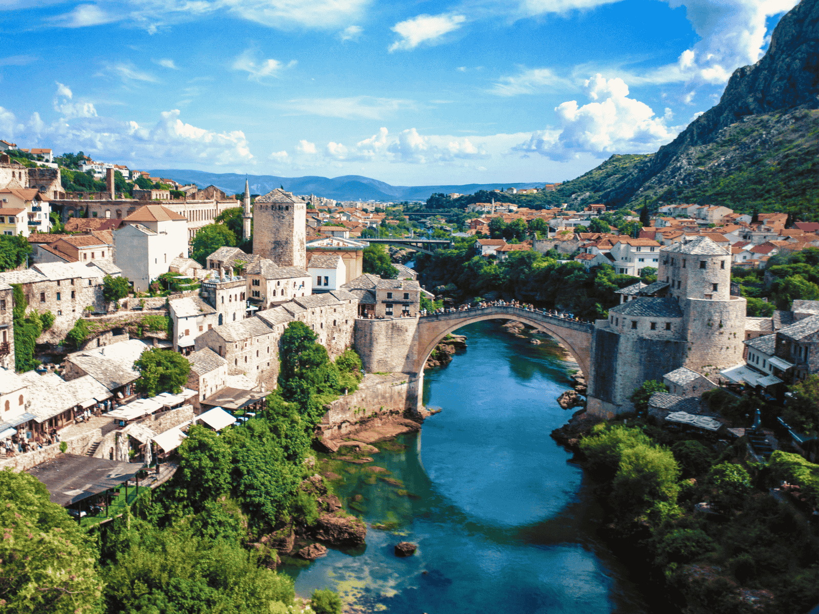 Panoramic view of Mostar and the Old Bridge above the Neretva river